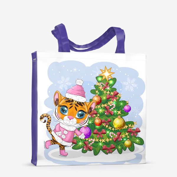 Сумка-шоппер «Тигр девочка в розовой шубке на коньках возле украшенной елки. Новый год 2022»