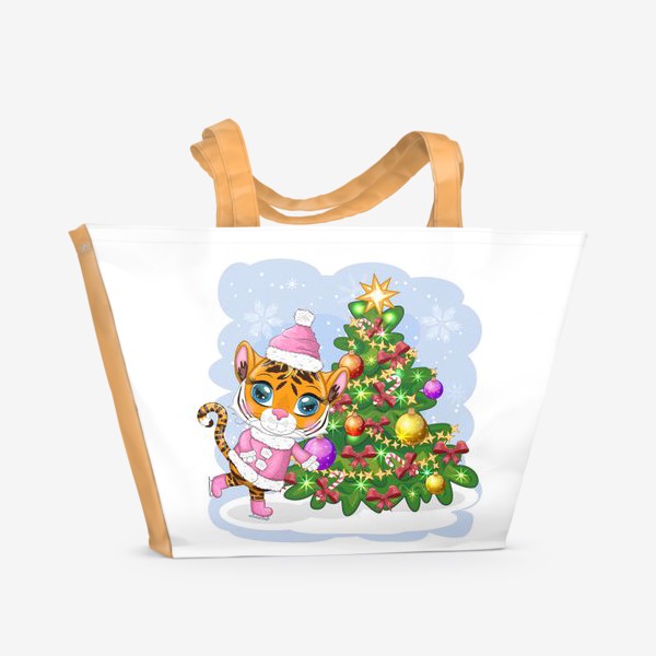 Пляжная сумка «Тигр девочка в розовой шубке на коньках возле украшенной елки. Новый год 2022»