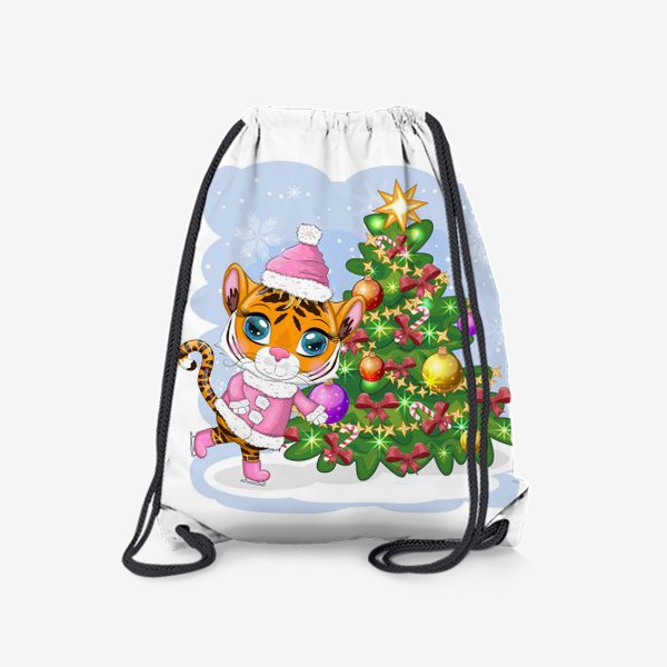 Рюкзак «Тигр девочка в розовой шубке на коньках возле украшенной елки. Новый год 2022»