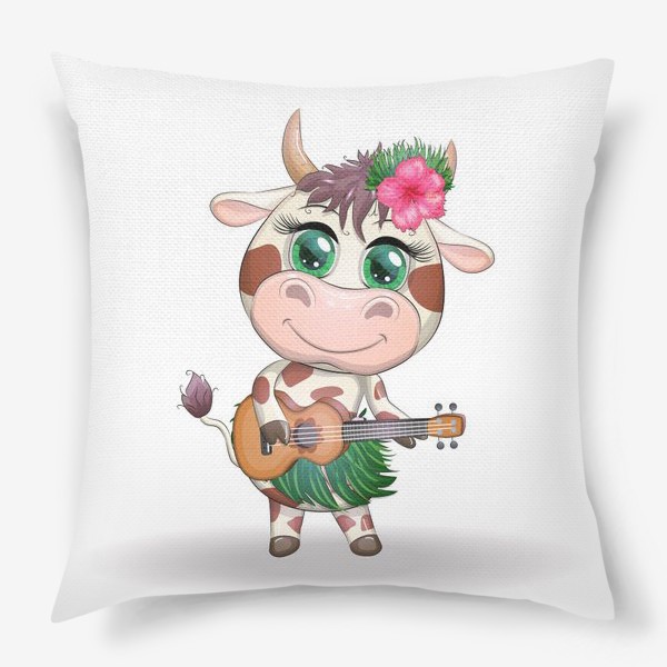 Подушка «Корова танцовщица хула с гавайской гитарой, Гавайи»