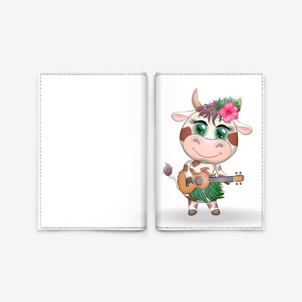 Обложка для паспорта «Корова танцовщица хула с гавайской гитарой, Гавайи»
