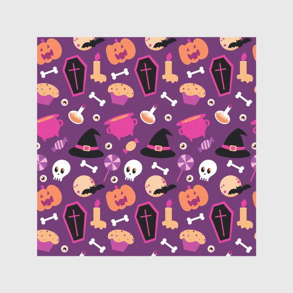 Скатерть «Узор на Хэллоуин - Шляпа, тыква, череп - фиолетовый фон»