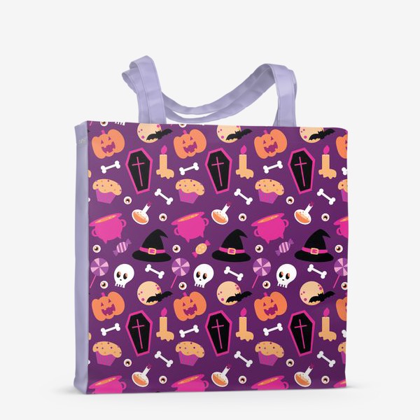 Сумка-шоппер «Узор на Хэллоуин - Шляпа, тыква, череп - фиолетовый фон»