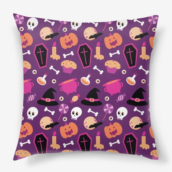 Подушка «Узор на Хэллоуин - Шляпа, тыква, череп - фиолетовый фон»