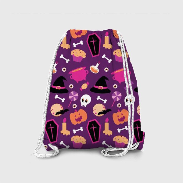 Рюкзак «Узор на Хэллоуин - Шляпа, тыква, череп - фиолетовый фон»
