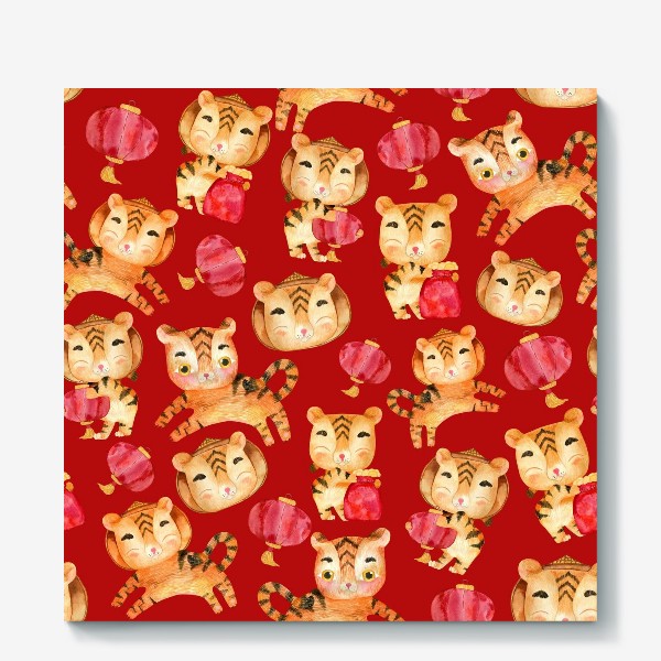 Холст «Тигровый год. Китайские тигрули на красном»