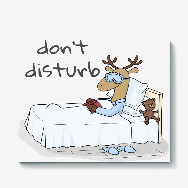 Холст «Мультяшный Олень спит в уютной кровати Don't distarb Cartoon Deer with bear»