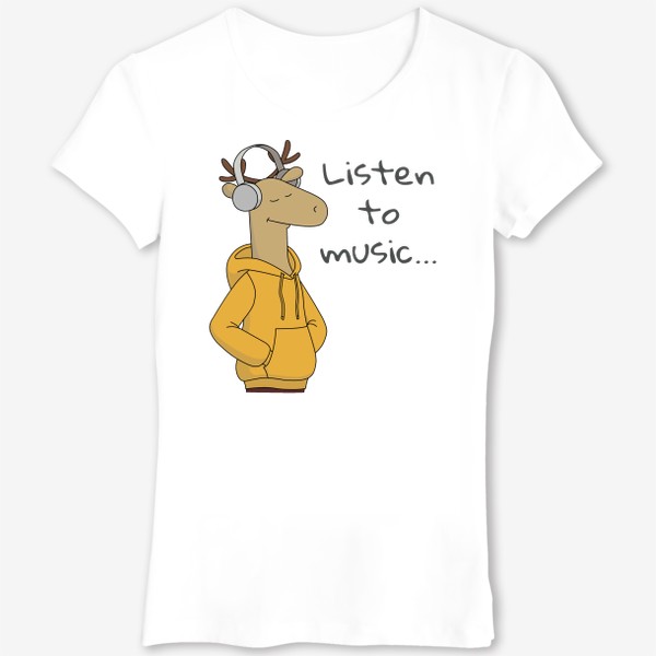 Футболка &laquo;Мультяшный олень в модном худи слушает музыку Listen to music Cartoon Deer in FashionHoody&raquo;