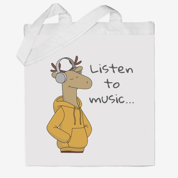 Сумка хб «Мультяшный олень в модном худи слушает музыку Listen to music Cartoon Deer in FashionHoody»