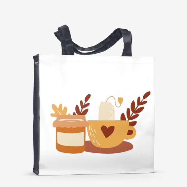 Сумка-шоппер «Чай с вареньем. Осенний принт. Банка варенья, чашка и пакетик чая»