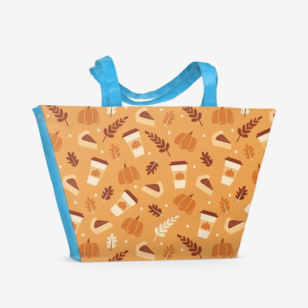 Пляжная сумка &laquo;Тыквенный латте и пирог - Тыква и кофе - узор на оранжевом фоне&raquo;