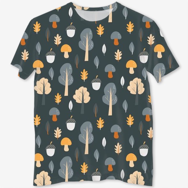 Футболка с полной запечаткой «Осенний лес. Деревья, грибы и желуди на темном фоне»
