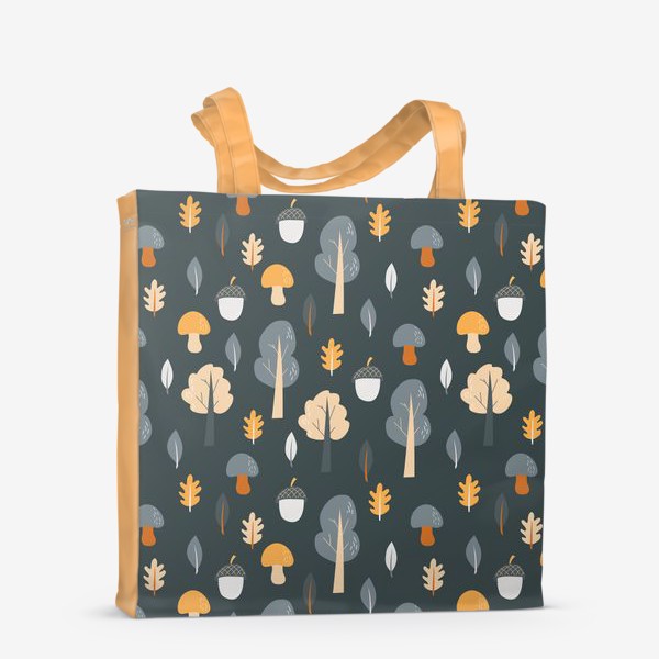 Сумка-шоппер «Осенний лес. Деревья, грибы и желуди на темном фоне»
