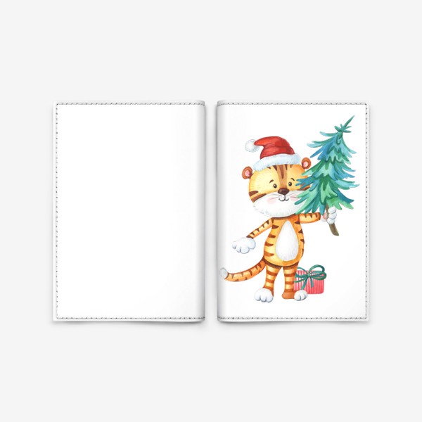 Обложка для паспорта «Тигренок с елкой и подарком. Символ нового года.»