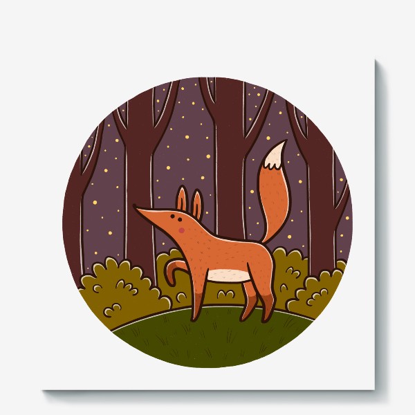 Холст «Милая лиса в ночном лесу»