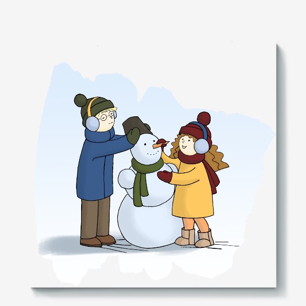Холст «Влюбленная парочка парень и девушка лепят снеговика Couple in love Boy and Girl making Snowman »
