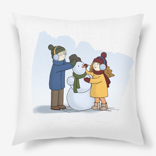 Подушка &laquo;Влюбленная парочка парень и девушка лепят снеговика Couple in love Boy and Girl making Snowman &raquo;