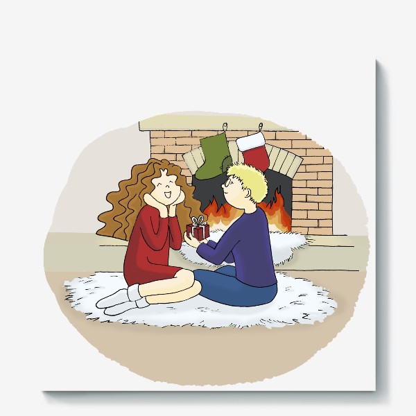 Холст «Влюбленная пара Парень и Девушка Новогодний вечер у камина с подарками  Boy and Girl in Love Christmas evening fireplace»
