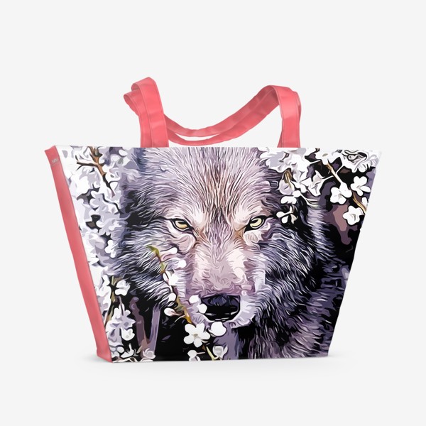 Пляжная сумка «Волк на фоне цветов»