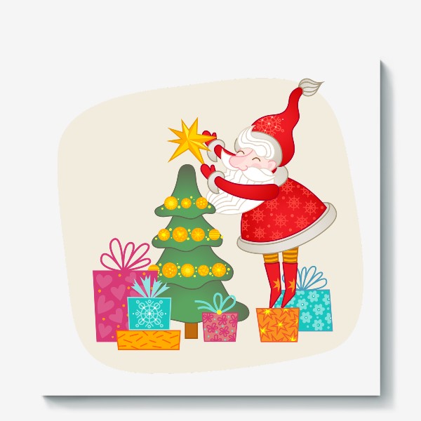 Холст &laquo;Санта. Дед Мороз, ёлка и подарки&raquo;