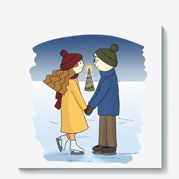 Холст &laquo;Влюбленная пара Парень и Девушка катаются на Коньках Couple in love Boy and Girl are Ice Skating by Christmas tree&raquo;