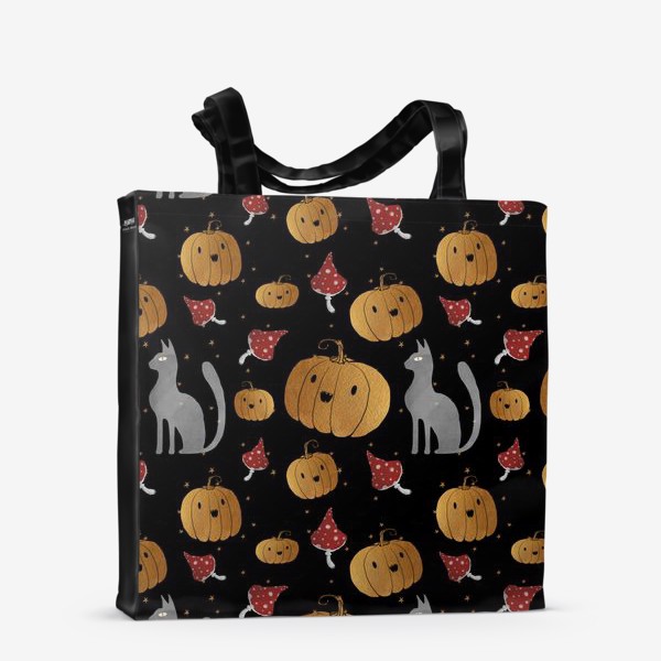 Сумка-шоппер &laquo;Тыквы и кошки на Хэллоуин (Halloween) - на черном&raquo;