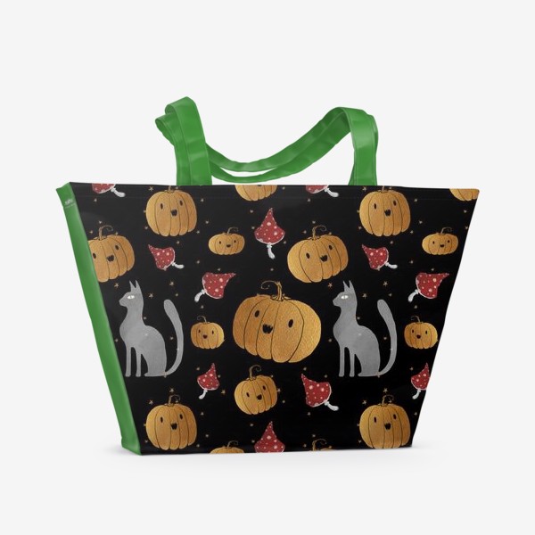 Пляжная сумка «Тыквы и кошки на Хэллоуин (Halloween) - на черном»