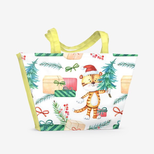 Пляжная сумка «Тигренок с елкой и подарками. Новогодний узор»