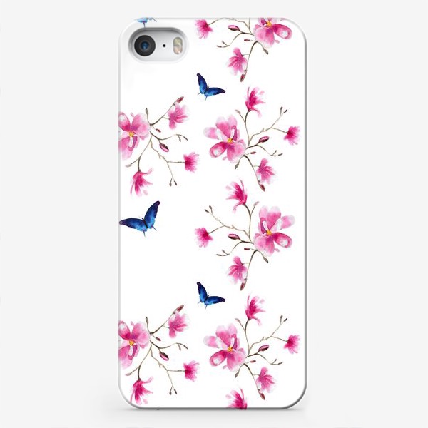 Чехол iPhone «Акварельные магнолии и синие бабочки»