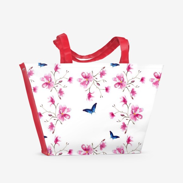 Пляжная сумка «Акварельные магнолии и синие бабочки»