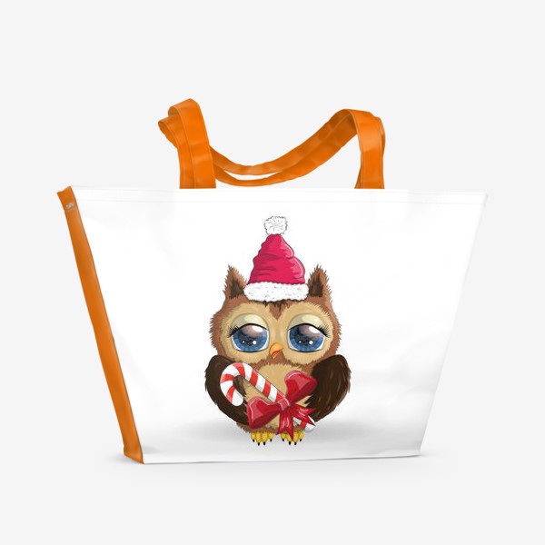 Пляжная сумка «Сова в шапке Деда Мороза с конфетой, новый год»