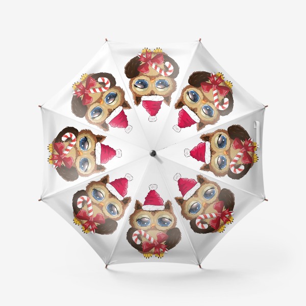 Зонт «Сова в шапке Деда Мороза с конфетой, новый год»