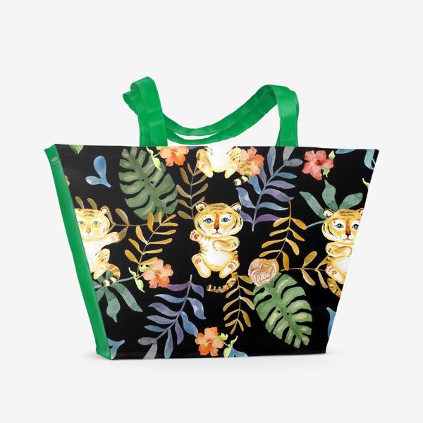 Пляжная сумка «Тигрята в джунглях с монстерой и гибискусом»