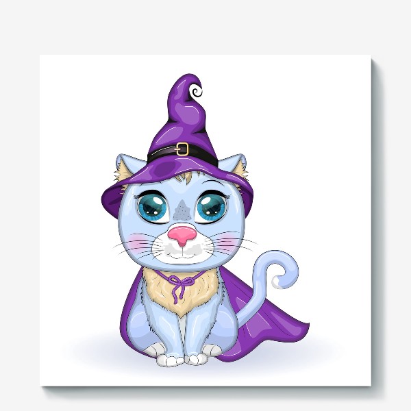 Холст «Голубой ведьмин кот в хэллоуинском наряде: фиолетовой шляпе и плаще»