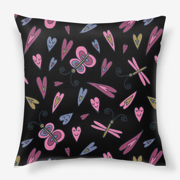 Подушка «Розовые бабочки на черном фоне»