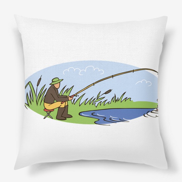 Подушка «рыбак на озере ловит рыбу удочкой»