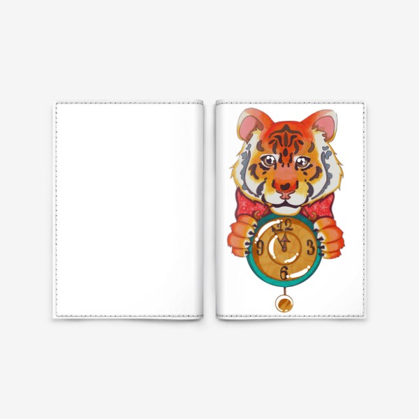 Обложка для паспорта «Новогодний тигрёнок с часами 2022»