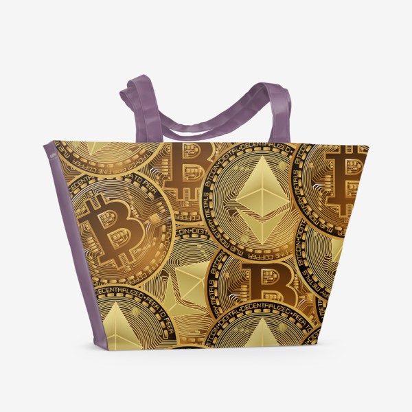 Пляжная сумка «Паттерн криптовалюта  Bitcoin, Ethereum, Биткоин, эфир, монеты, деньги»