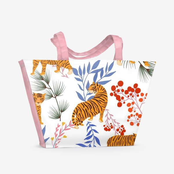 Пляжная сумка «Тигры и зимняя ботаника. Паттерн»