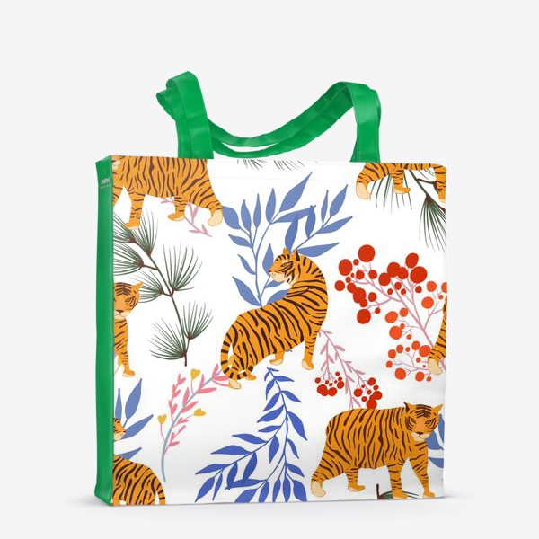 Сумка-шоппер «Тигры и зимняя ботаника. Паттерн»