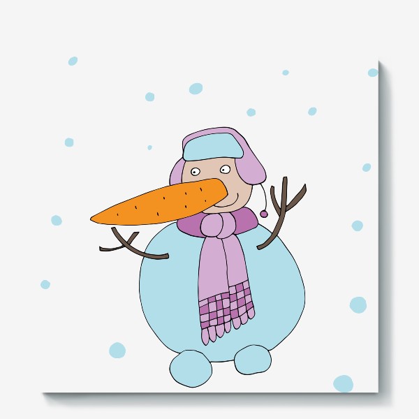 Холст «Снеговик в розовой шапке и шарфике.»