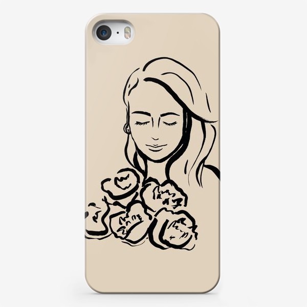 Чехол iPhone «Женский силуэт с цветами, линейный рисунок, графика минимализм черный на бежевом»