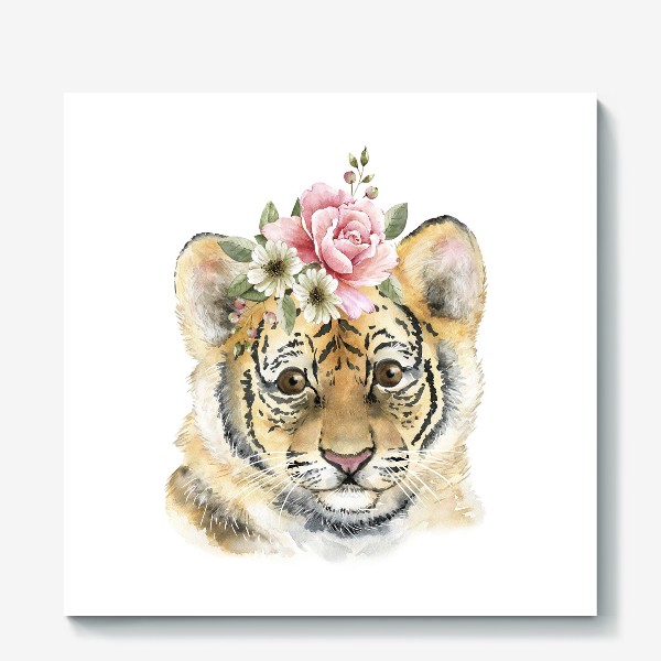Холст «животное тигр с букетом цветов на голове »