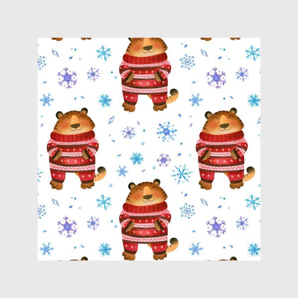 Шторы «Тигр в уютной зимней пижаме в окружении снежинок. Милый символ нового года 2022»