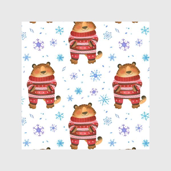 Скатерть «Тигр в уютной зимней пижаме в окружении снежинок. Милый символ нового года 2022»