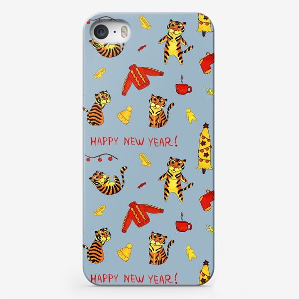 Чехол iPhone «Happy New Year! Патерн с тиграми и надписью на английском Синий фон»