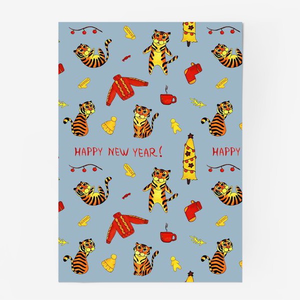 Постер &laquo;Happy New Year! Патерн с тиграми и надписью на английском Синий фон&raquo;
