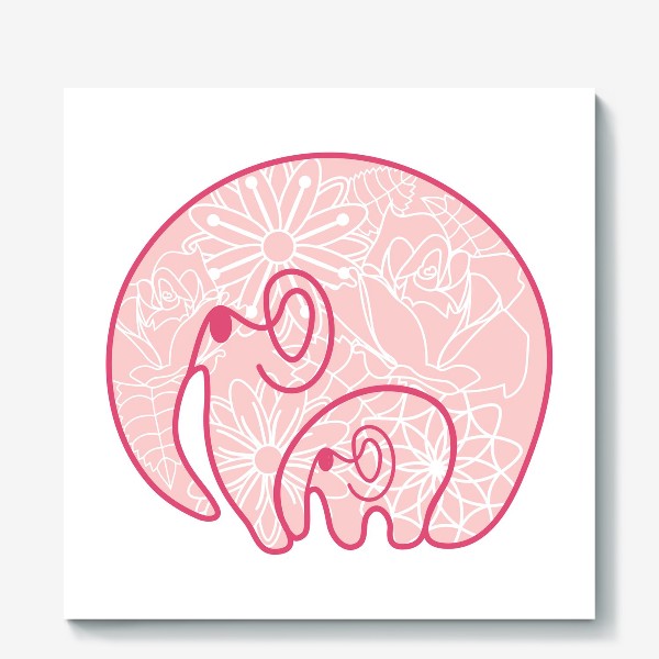 Холст «Слоники: заботливая мама обнимает слоненка. Цветочный узор. Концепт ко дню матери »