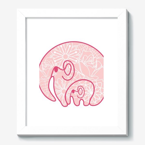 Картина «Слоники: заботливая мама обнимает слоненка. Цветочный узор. Концепт ко дню матери »