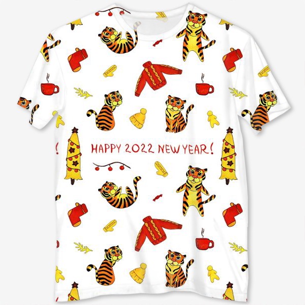 Футболка с полной запечаткой «Happy 2022 New Year! Паттерн с тиграми на белом фоне»